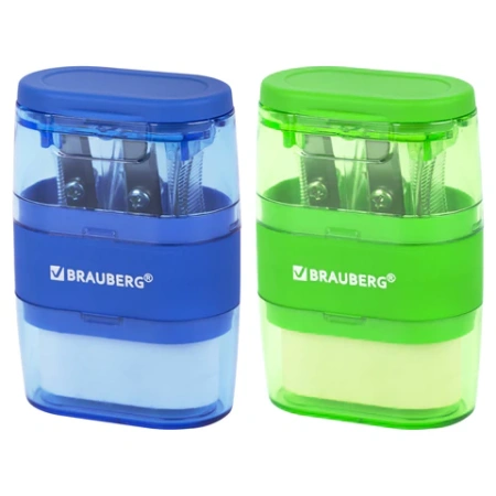Точилки с ластиком 2 в 1 BRAUBERG "Double", НАБОР 2 ШТУКИ, 2 отверстия, синяя и зеленая, блистер, 271995 - МСК «Форвард»