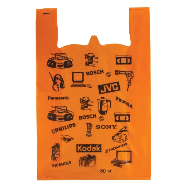 Пакеты "майка", КОМПЛЕКТ 100шт, 42+18х65см, ПНД, "Электрон", 18мкм, ОРАНЖЕВЫЕ, ЮПЛАСТ, ЮМАЙ10 604982