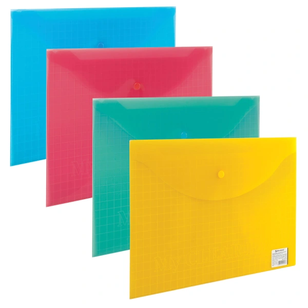 Папка-конверт с кнопкой BRAUBERG "My CLEAR BAG", А4, до 100 л, прозрачная, ассорти, 0,15 мм, 225174