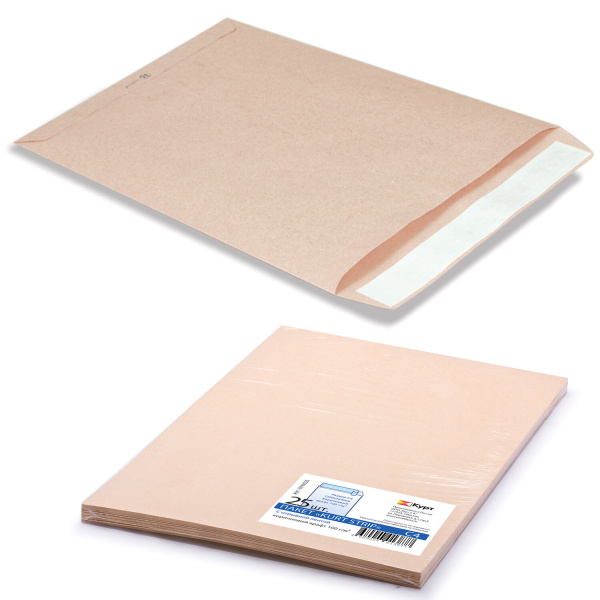 Конверт-пакеты С4 плоские (229х324мм) до 90 листов, крафт, отрывная полоса, КОМПЛЕКТ 25шт, 161150.25  124235