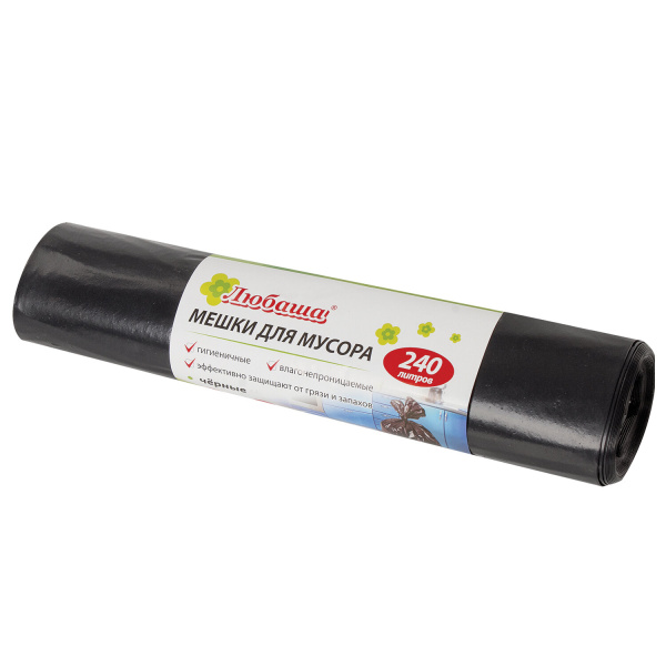 Мешки для мусора 240л черные в рулоне 5 шт, ПВД 30 мкм, 90х130см, ЛЮБАША эконом, 605338