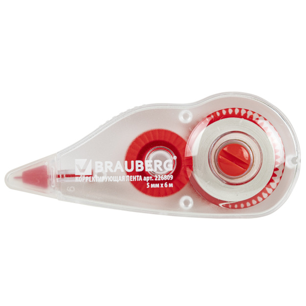Корректирующая лента BRAUBERG 5мм х 6м, корпус красный, механизм перемотки, блистер, 226809