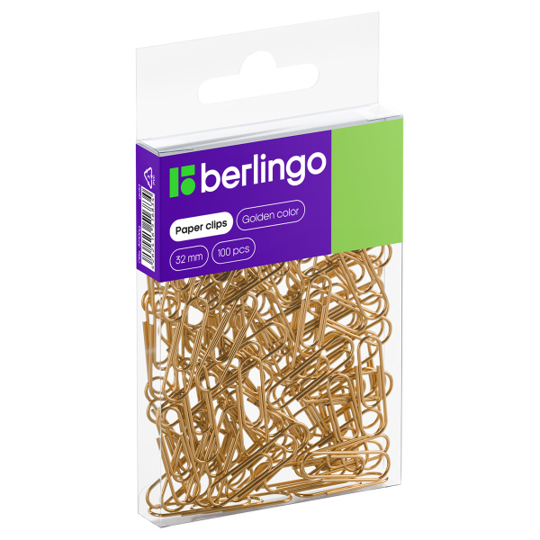 Скрепки 32мм, Berlingo, 100шт., ПВХ упак., европодвес, золото DBs_32100g 372882
