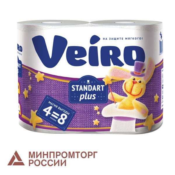 Бумага туалетная быт., спайка 4 шт., 2-х слойная, (4х30 м),VEIRO Standart Plus,белая, 3с24, 128028