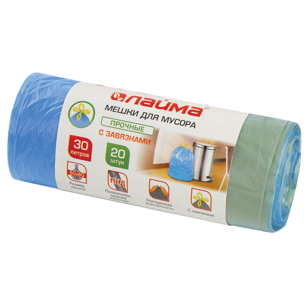 Мешки для мусора с завязками 30л синие в рулоне 20 шт прочные, ПНД 12 мкм, 50х60см, LAIMA, 601395