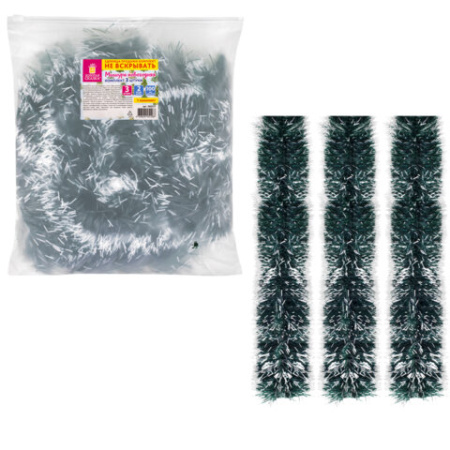 Мишура КОМПЛЕКТ 3 штуки, диаметр 100 мм, длина 2 м, зеленая с белыми кончиками, 592217 - МСК «Форвард»