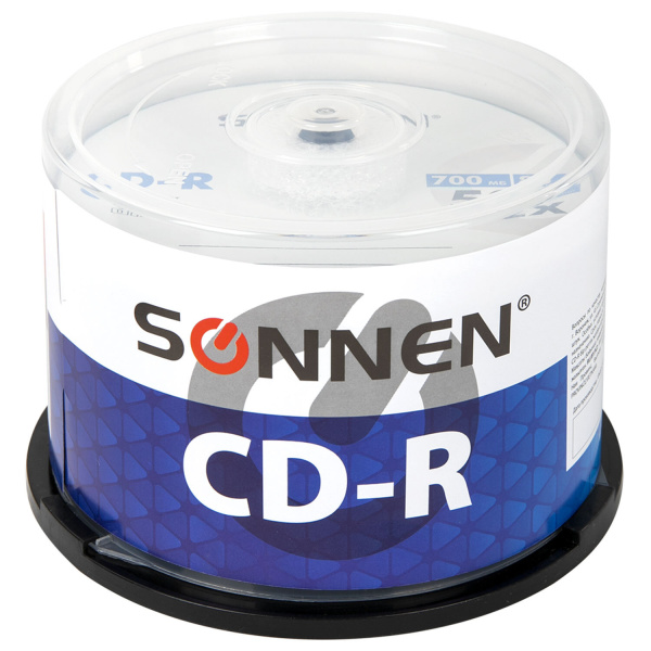 Диски CD-R SONNEN 700Mb 52x Cake Box (упаковка на шпиле) КОМПЛЕКТ 50шт, 512570