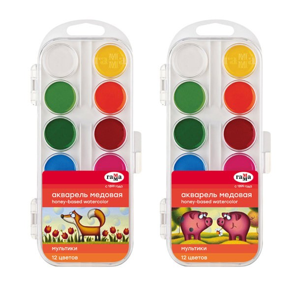 Краски акварельные ГАММА "Мультики NEW", 24 цвета, медовая, пласт. кор, европодвес,211046_24 300254