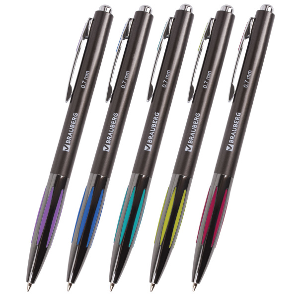 Ручка шариковая автомат. BRAUBERG Stripe, СИНЯЯ, корп.ассорти, 0,7мм, линия 0,35мм, 141876