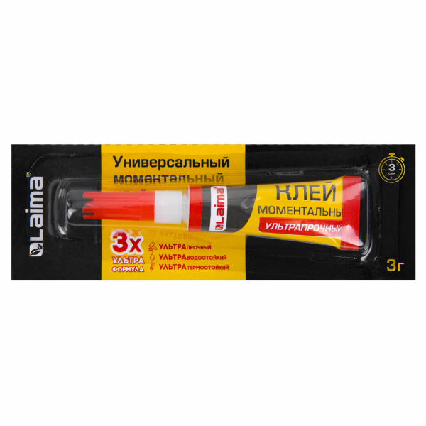 Клей моментальный (суперклей) LAIMA, 3г, УЛЬТРАПРОЧНЫЙ, отрывная мультикарта, 605567
