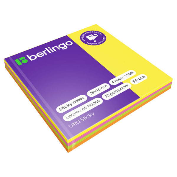 Блок самоклеящийся (стикеры) Berlingo "Ultra Sticky", 75*75мм, 100л., 4 неоновых цвета LSn_39602 270286