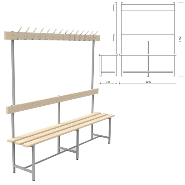 Скамья с вешалкой, спинкой СВТ 6 (в1765*ш2000*г395мм), 14 крючков, дерево, металлокаркас, 532536