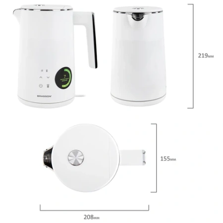 Чайник с двойными стенками, терморегулятором и дисплеем BRASSON (БРАССОН) KT-264, 1,5 л, 2200 Вт, 7 температурных режимов, белый, 455193 - МСК «Форвард»