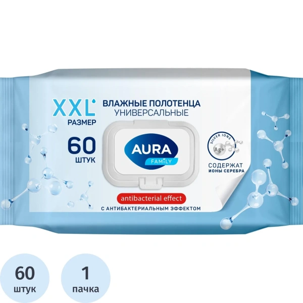 Полотенца влажные 60шт XXL Aura Family универсальные флоупак с жёстким клапаном 15057 2332404