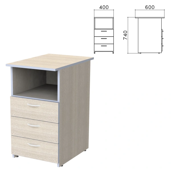 Тумба приставная "Бюджет" (ш400*г600*в740 мм), 3 ящика, полка, дуб шамони свет.430, 402657, 640630