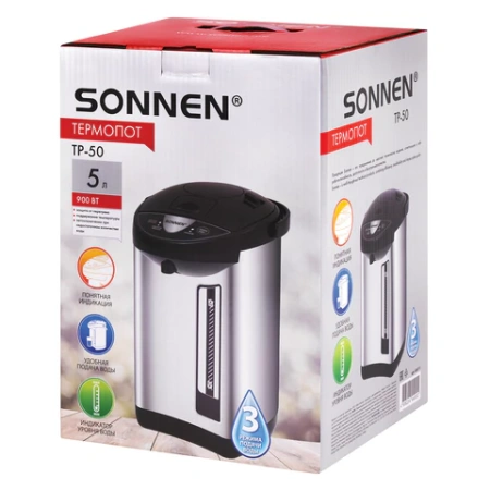 Термопот SONNEN TP-50, 5 л, 900 Вт, 1 температурный режим, 3 режима подачи воды, сталь, белый/серебро, 456711 - МСК «Форвард»