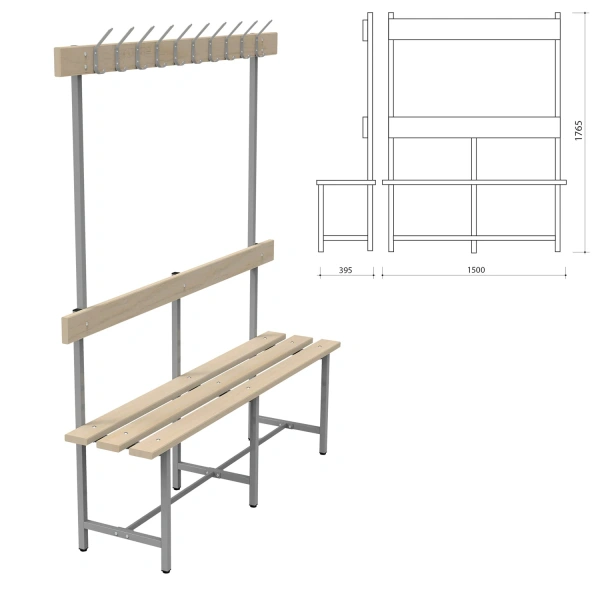 Скамья с вешалкой, спинкой СВТ 5 (в1765*ш1500*г395мм), 10 крючков, дерево, металлокаркас, 532535
