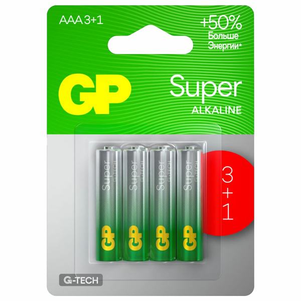 Батарейки КОМПЛЕКТ 4 шт, GP Super, AAA (LR03,24А), алкалиновые, мизинчиковые, ПРОМО 3+1, 24A3/1-2CR4 455921