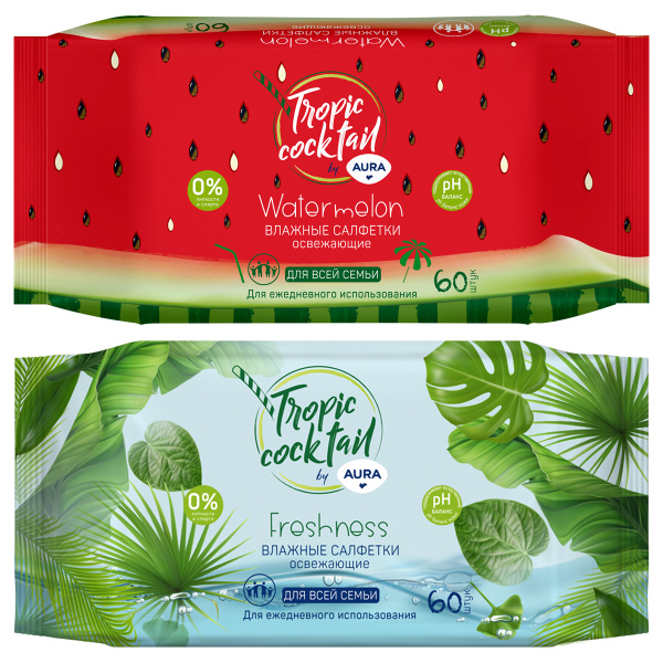 Салфетки влажные 60шт., Aura "Tropic coctail", освежающие 4600999006968 229649