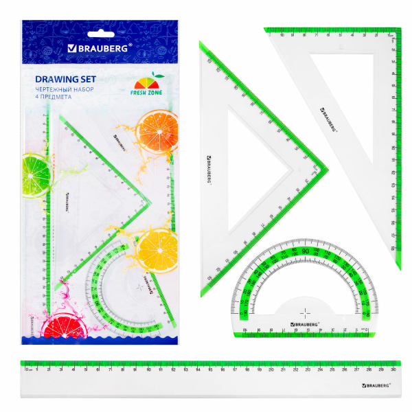 Набор чертежный большой BRAUBERG "FRESH ZONE" (линейка 30см, 2 треуг., трансп), салат. шкала, 210764