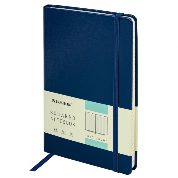 Блокнот А5 148x218мм, BRAUBERG Metropolis Special, под кожу, 80л, резинка, клетка, синий, 111574