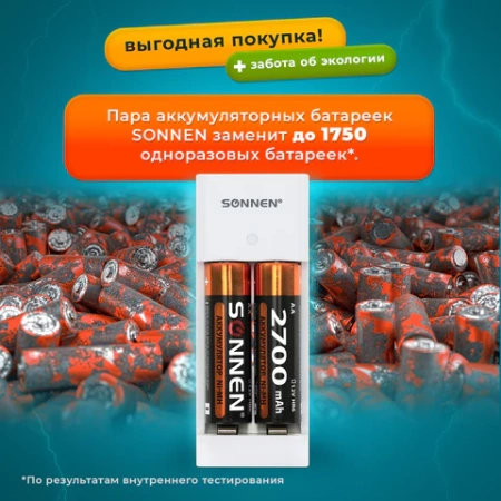 Зарядное устройство с аккумуляторами 4 шт. (2+2) AA+AAA (HR6+HR03), 2700 mAh + 1000 mAh, SONNEN (СОНЕН) BC2, 455005 - МСК «Форвард»