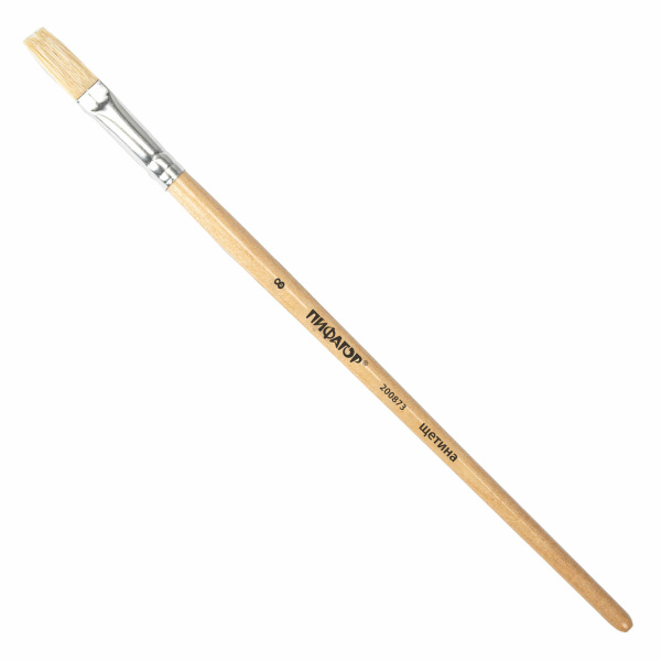 Кисть ПИФАГОР, ЩЕТИНА, плоская, № 8, деревянная лакированная ручка, пакет с подвесом, 200873