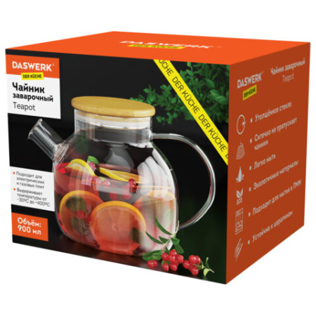 Чайник заварочный 900 мл "Бочонок", жаропрочное стекло, спиральное сито, DASWERK, 608644 - МСК «Форвард»