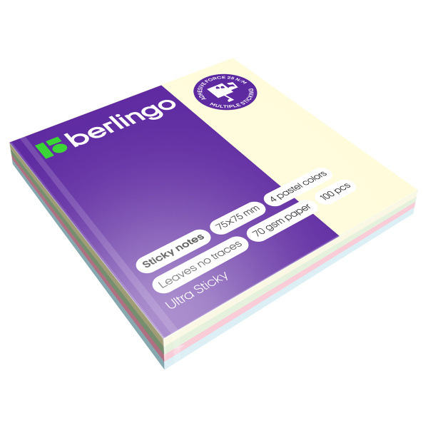 Блок самоклеящийся (стикеры) Berlingo "Ultra Sticky", 75*75мм, 100л., 4 пастельных цвета LSn_39601 287195 - МСК «Форвард»