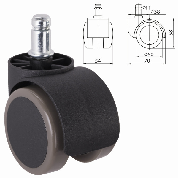 Колеса (ролики) для кресла, КОМПЛЕКТ 5шт., прорезиненные, шток d11мм, цв.черный, RSA705/PU, 531473