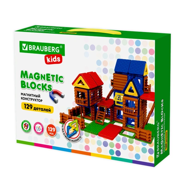 Магнитный конструктор MAGNETIC BUILD BLOCKS-129 "Построй дом", 129 деталей, BRAUBERG KIDS, 663850 