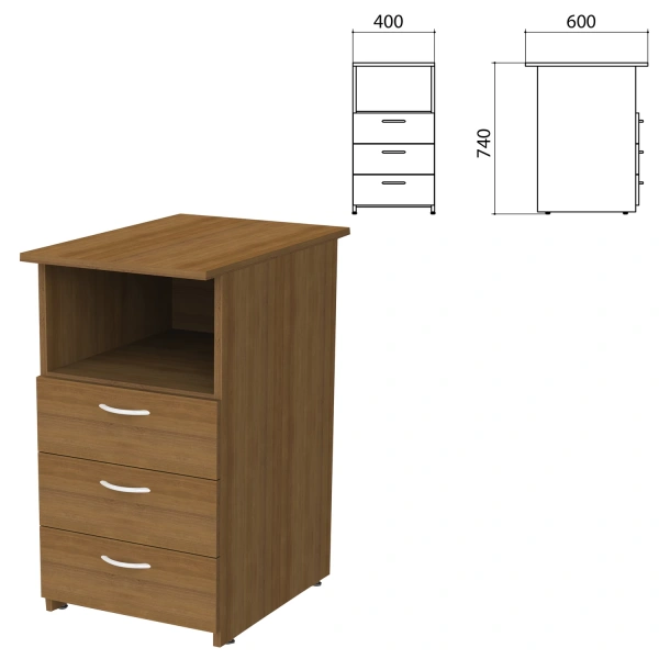 Тумба приставная "Бюджет" (ш400*г600*в740 мм), 3 ящика, полка, орех 190, 402657,402657-19 641160