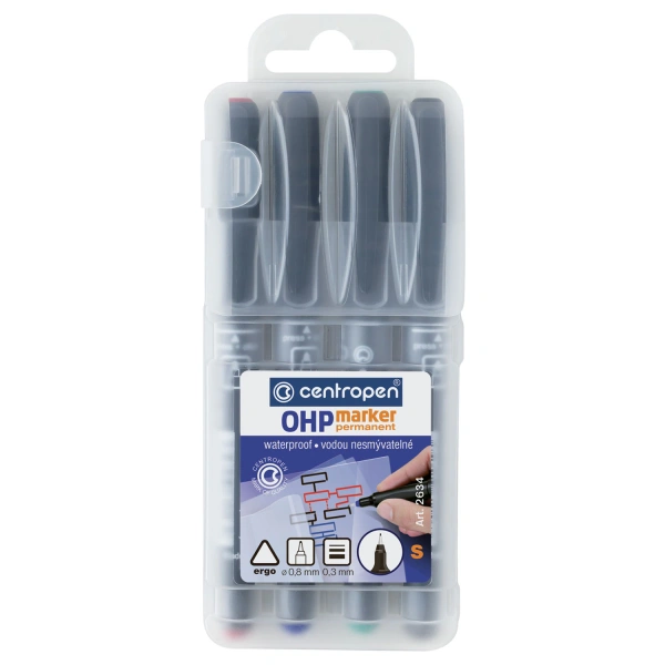Маркеры перманентные для любой гладкой поверхности, НАБОР 4 шт., 4 ЦВЕТА, CENTROPEN "OHP", 0,6 мм, 2636/4, 626360401 152681