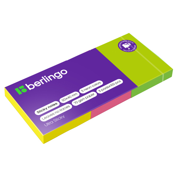 Блок самоклеящийся (стикеры) Berlingo "Ultra Sticky", 50*40мм, 3 блока по 100л., 3 неоновых цвета LSn_39003 287186 - МСК «Форвард»