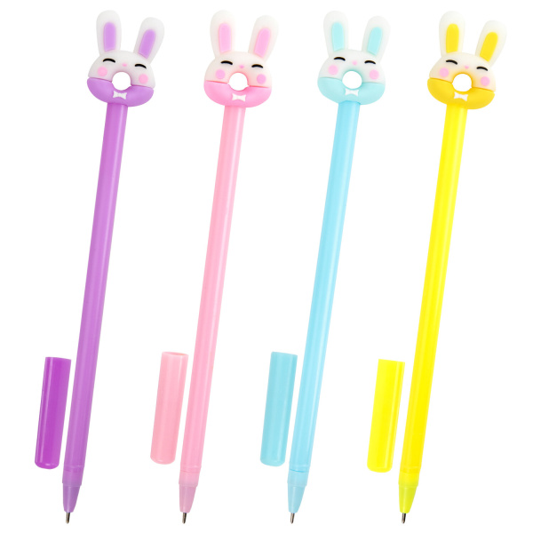 Ручка с топпером шариковая ЮНЛАНДИЯ "Зайка-пончик", корпус ассорти, СИНЯЯ,  0,7мм, КОМПЛЕКТ 12шт 143802