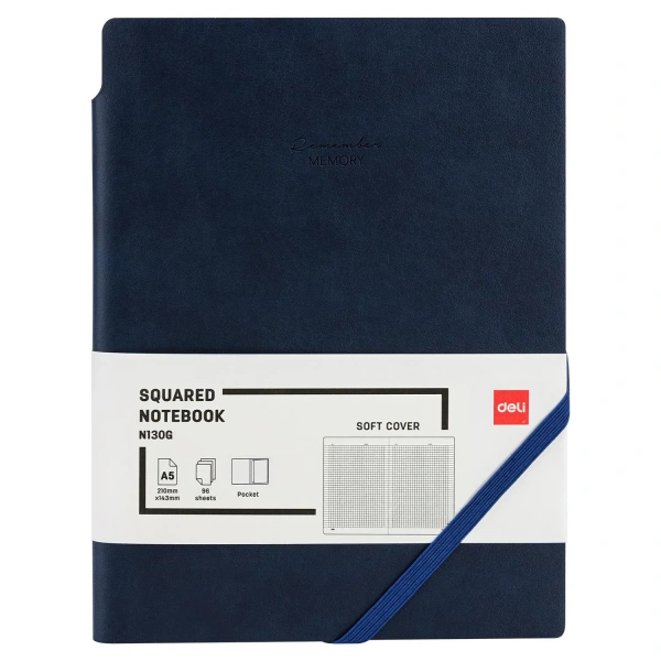 Блокнот А5 Deli Squared Notebook EN130G 96 листов 80 г/кв.м синий в клетку на сшивке резинка 1741980 - МСК «Форвард»