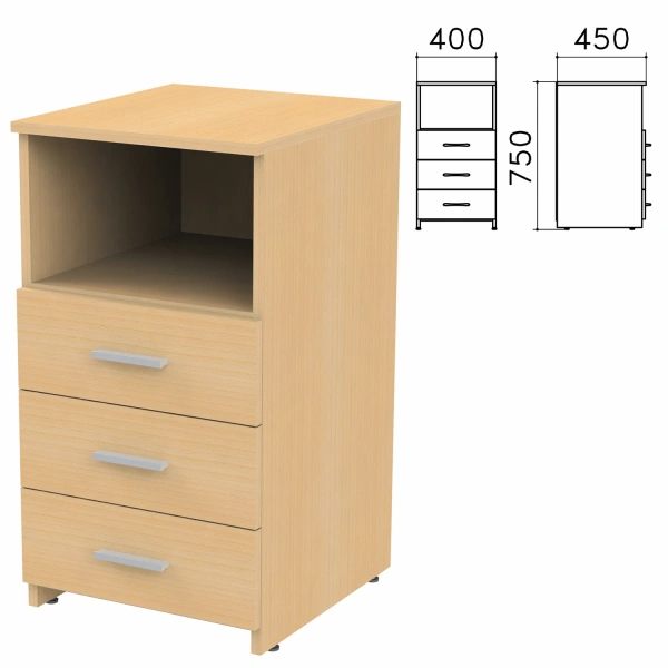 Тумба приставная "Канц" (ш400*г450*в750 мм), 3 ящика, полка, цвет бук, ТК31.10 640060