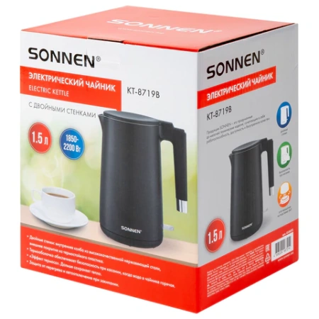 Чайник электрический с двойными стенками SONNEN KT-8719B, 1,5 л, 2200 Вт, черный, 454692 - МСК «Форвард»