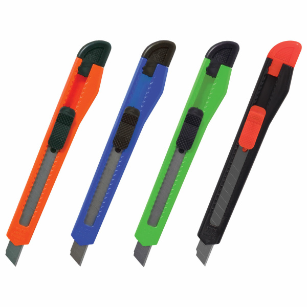 Нож канцелярский  9 мм STAFF Basic фиксатор, цвет корпуса ассорти, упаковка с европодвесом, 230484