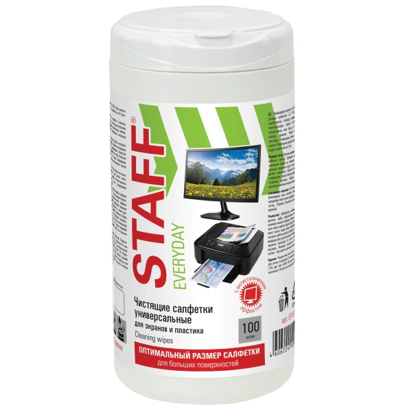 Салфетки для экранов всех типов и пластика универсал. STAFF EVERYDAY, туба 100шт,влаж.,511518