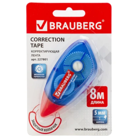Корректирующая лента BRAUBERG, 5 мм х 8 м, корпус синий, механизм перемотки, блистер, 227801 - МСК «Форвард»