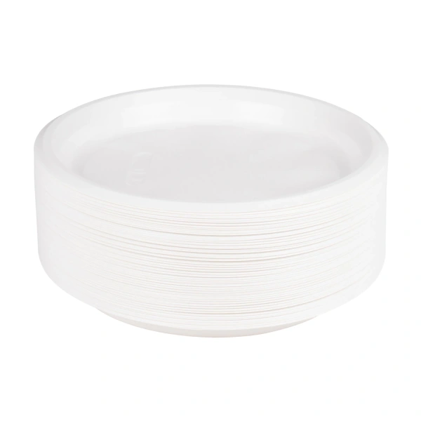 Одноразовые тарелки плоские, КОМПЛЕКТ 100шт, пластик, d=220мм, БЮДЖЕТ, бел, ПС,хол/гор, LAIMA,600943