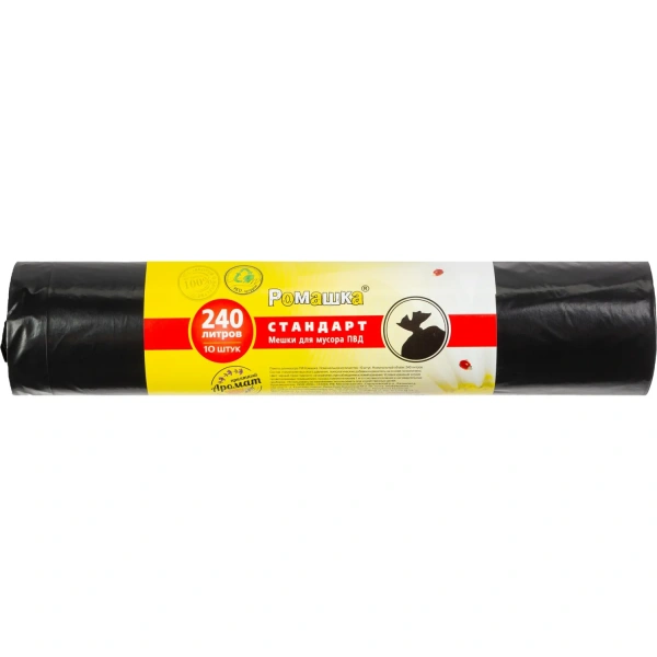 Мешки для мусора черные в рулоне Ромашка 240 л 10 штук ПВД 30 мкм ВР-073Н 1341831 - МСК «Форвард»
