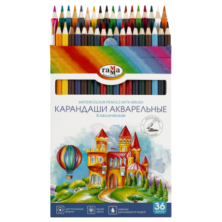 Карандаши акварельные Гамма "Классические", 36цв., шестигранные, заточен., с кистью, картон. упак., европодвес 221118_05_05 356619 - МСК «Форвард»