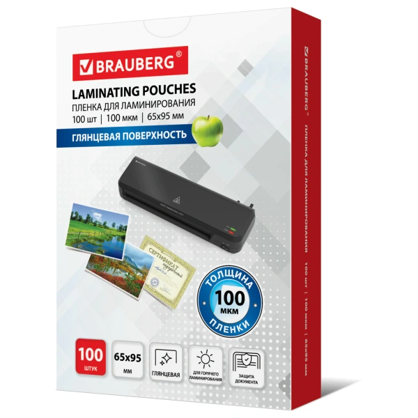 Пленки-заготовки д/ламинирования МАЛОГО ФОРМАТА (65х95мм), КОМПЛЕКТ 100шт, 100 мкм, BRAUBERG, 530903