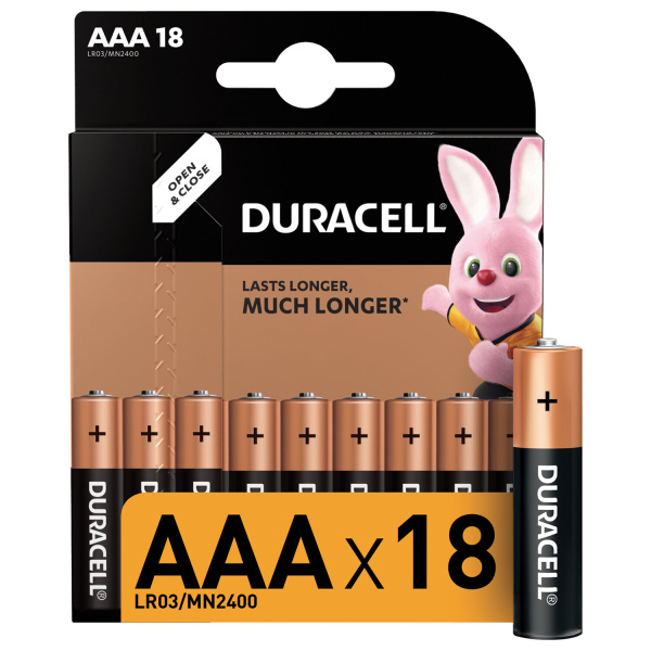 Батарейки КОМПЛЕКТ 18 шт, DURACELL Basic, AAA (LR03,24А),алкалиновые,мизинчиковые,блистер, 453559