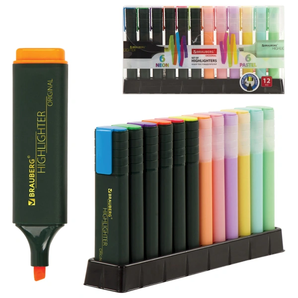 Набор текстовыделителей 12 ЦВЕТОВ на подставке, BRAUBERG "ORIGINAL", линия 1-5 мм, 151699