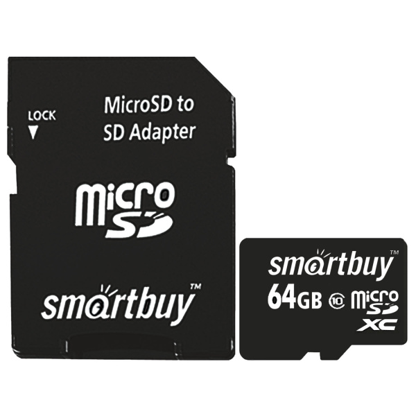 Карта памяти microSDXC 64GB SMARTBUY, 10 Мб/сек (class 10), с адаптером, SB64GBSDCL10-01 512808