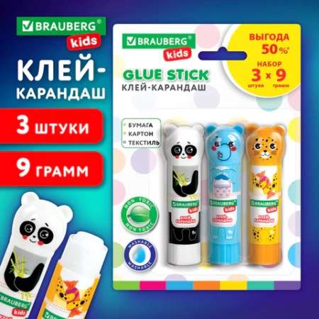 Клей-карандаш "Зверята: панда, слон, леопард" 9 г, фигурный колпачок, 3 шт./блистер, BRAUBERG KIDS, 272473 - МСК «Форвард»