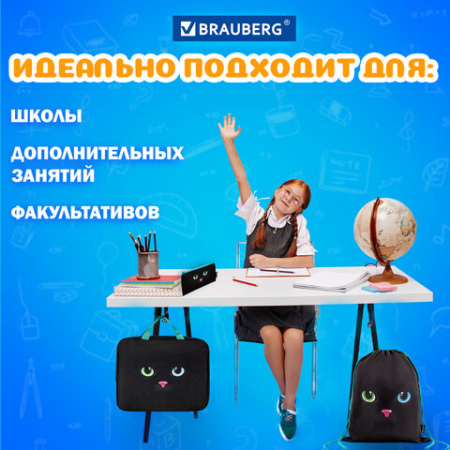 Папка на молнии с ручками А4, мешок для обуви 42х33 см, пенал 20х10 см, "Black cat" НАБОР BRAUBERG, 271434 - МСК «Форвард»